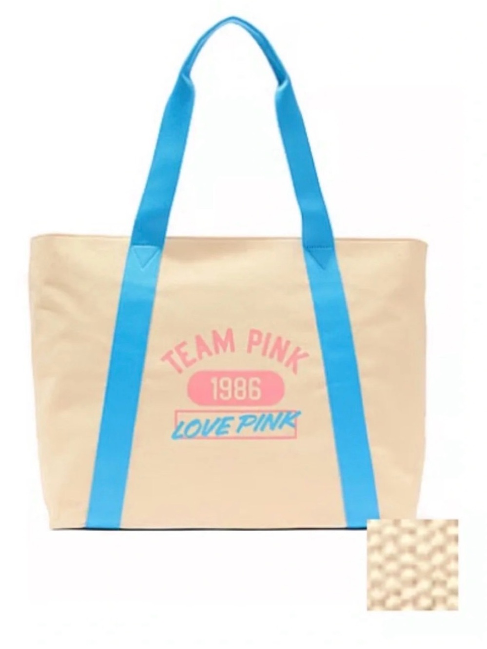 PINK Victoria's Secret Beige Tote with Bright Blue Straps and Pink Logo